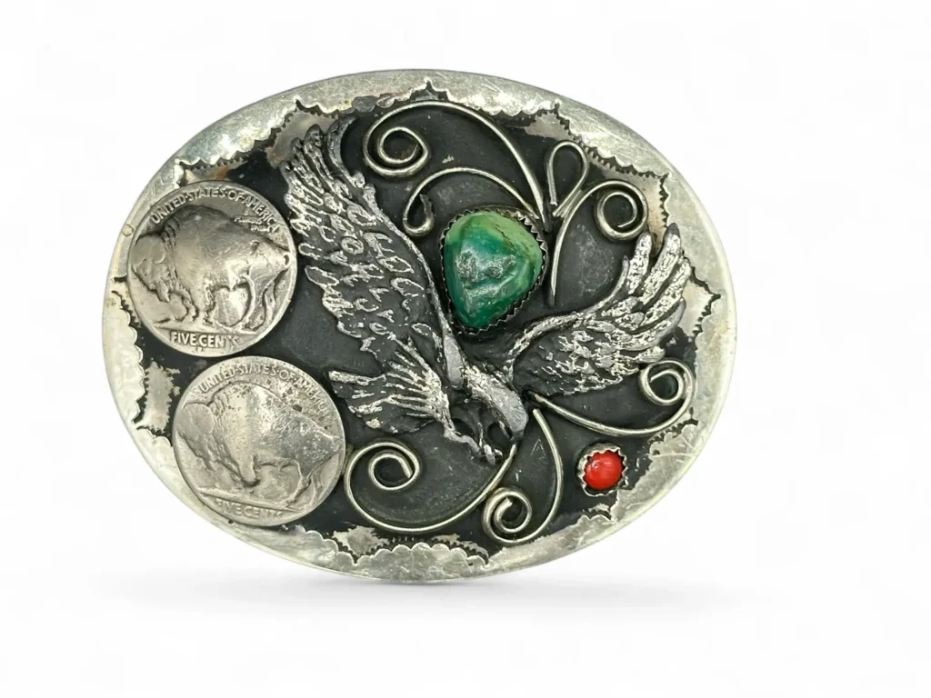 Vintage SW Silver Metal Bald Eagle with Turquoise, Buffalo Nickels and Coral Belt Buckle (Front)
