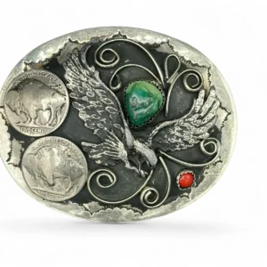 Vintage SW Silver Metal Bald Eagle with Turquoise, Buffalo Nickels and Coral Belt Buckle